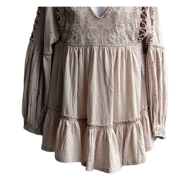 Free People Sm Salt Much Love Embroi Ladder Stitch Ruffle Trim Balloon Sleev Top - Picture 4 of 6